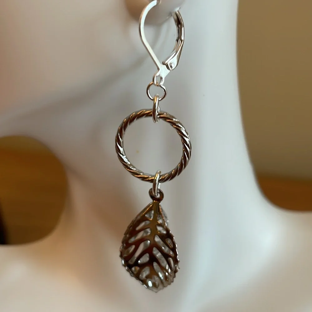HAND CRAFTED EARRINGS Silver Dangling Leaves Hoop Earrings